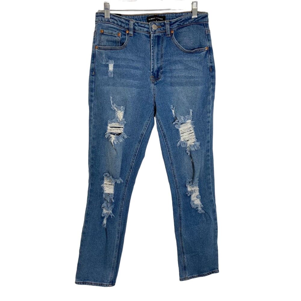 Almost Famous Distressed Jeans Jr Size 7 High Rise Medium Wash Stretch 5-Pocket